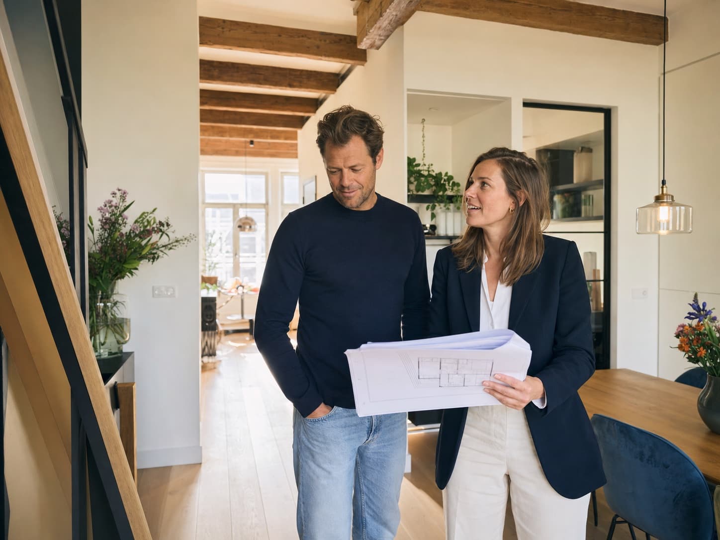 Woningeigenaar en architect bekijken samen een succesvol gesplitste en gerenoveerde woning