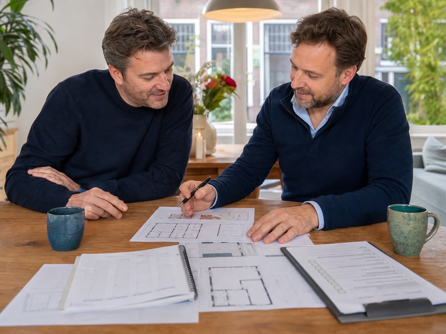 Woningeigenaar en splitsingsspecialist bespreken het stappenplan en de plattegronden