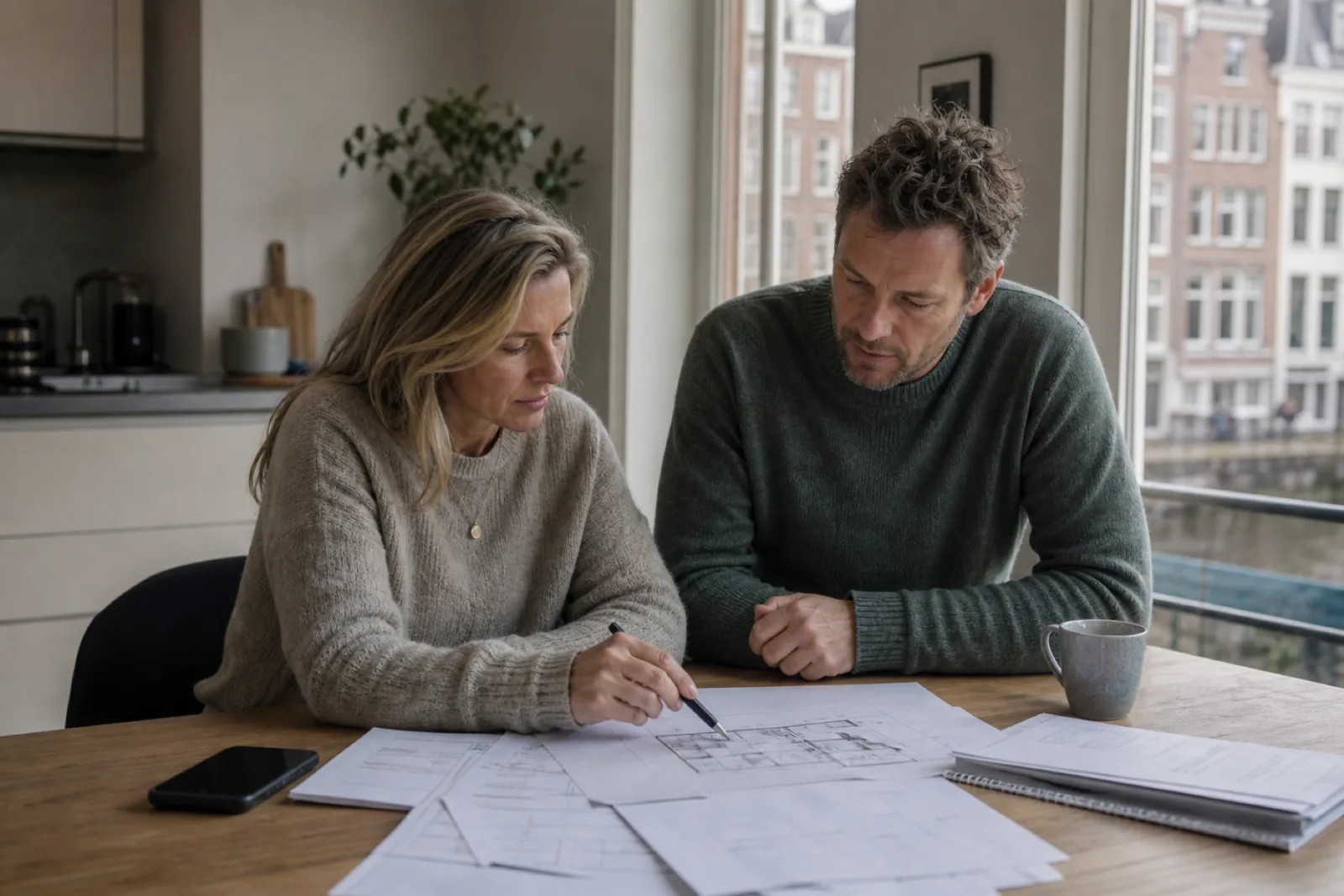 Eigenaren bespreken de kosten van woningsplitsing aan tafel