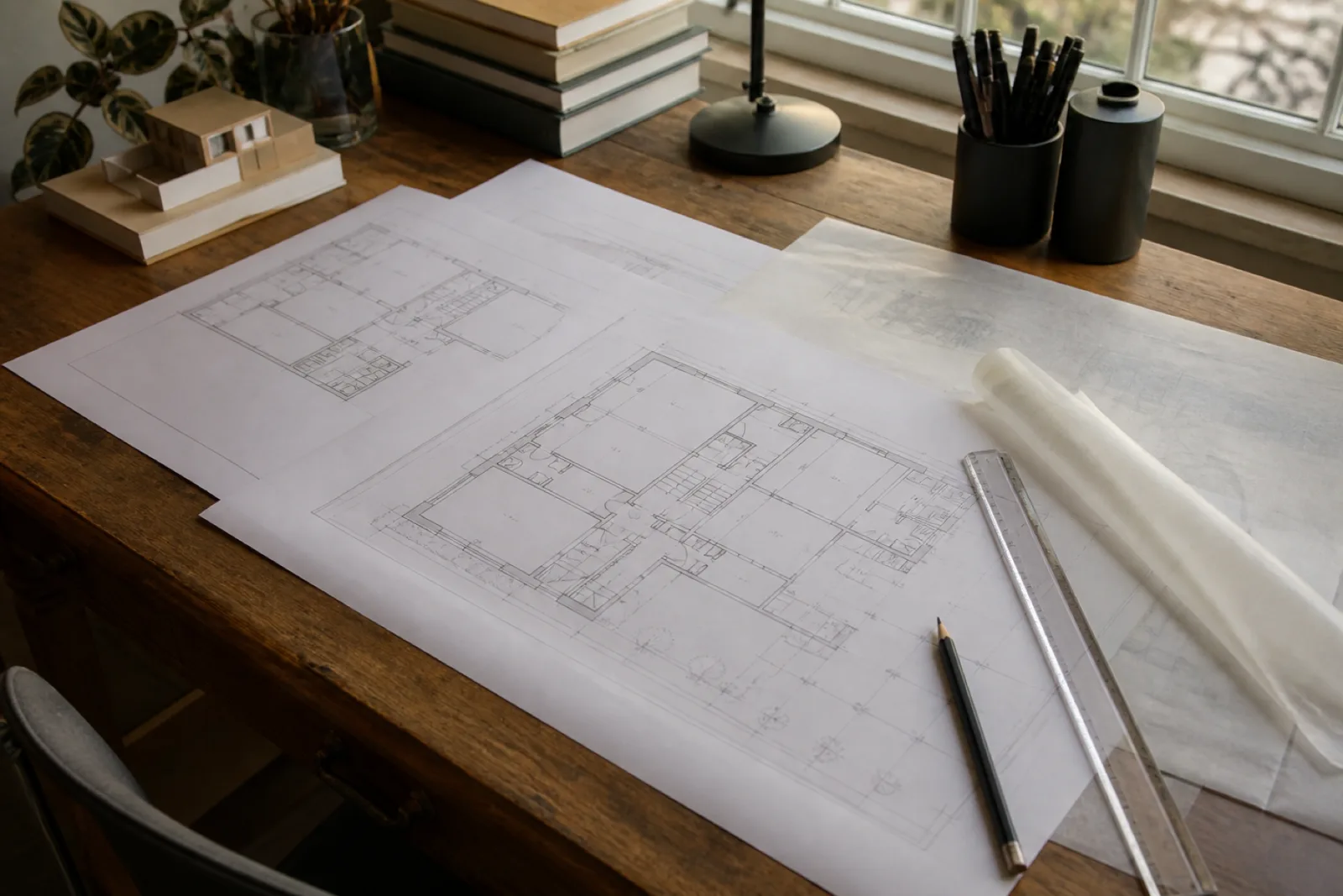 Plattegronden voor het splitsen van een woning op een werktafel